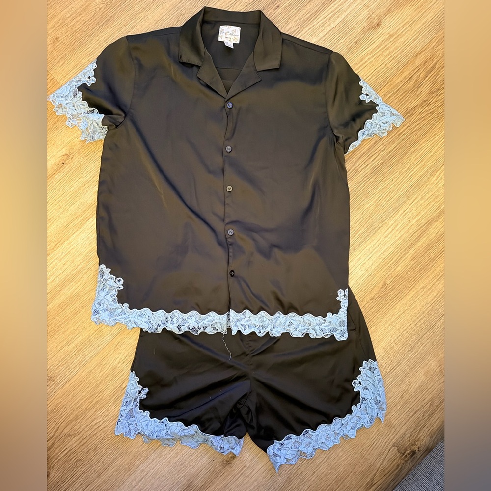 Forever 21 X Betsey Johnson Black Pajama Set with Blue Lace Trim
